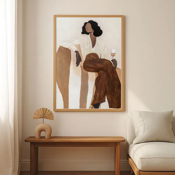 Minimalist painting of a woman in brown and white tones, hanging above a wooden bench in a bright, modern living space.