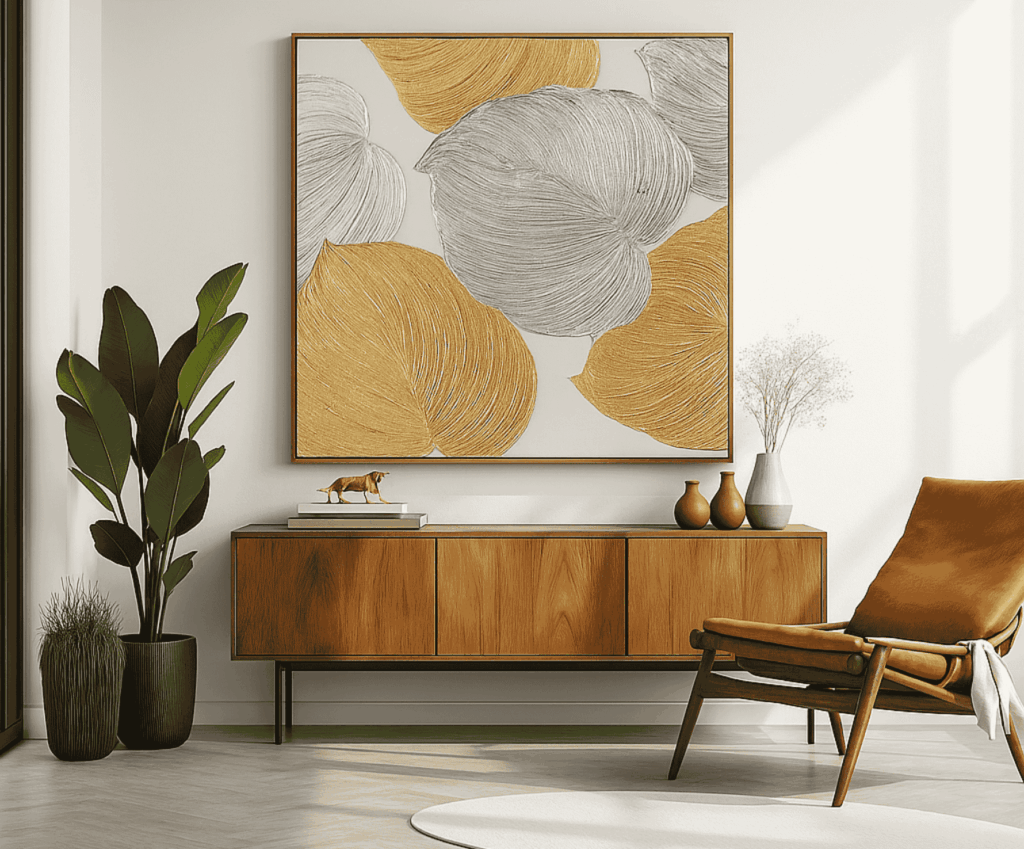 Living room with a wooden decorative drawer and a gold silver painting
