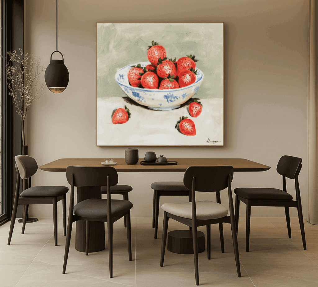 Minimalist dining room with strawberry bowl painting