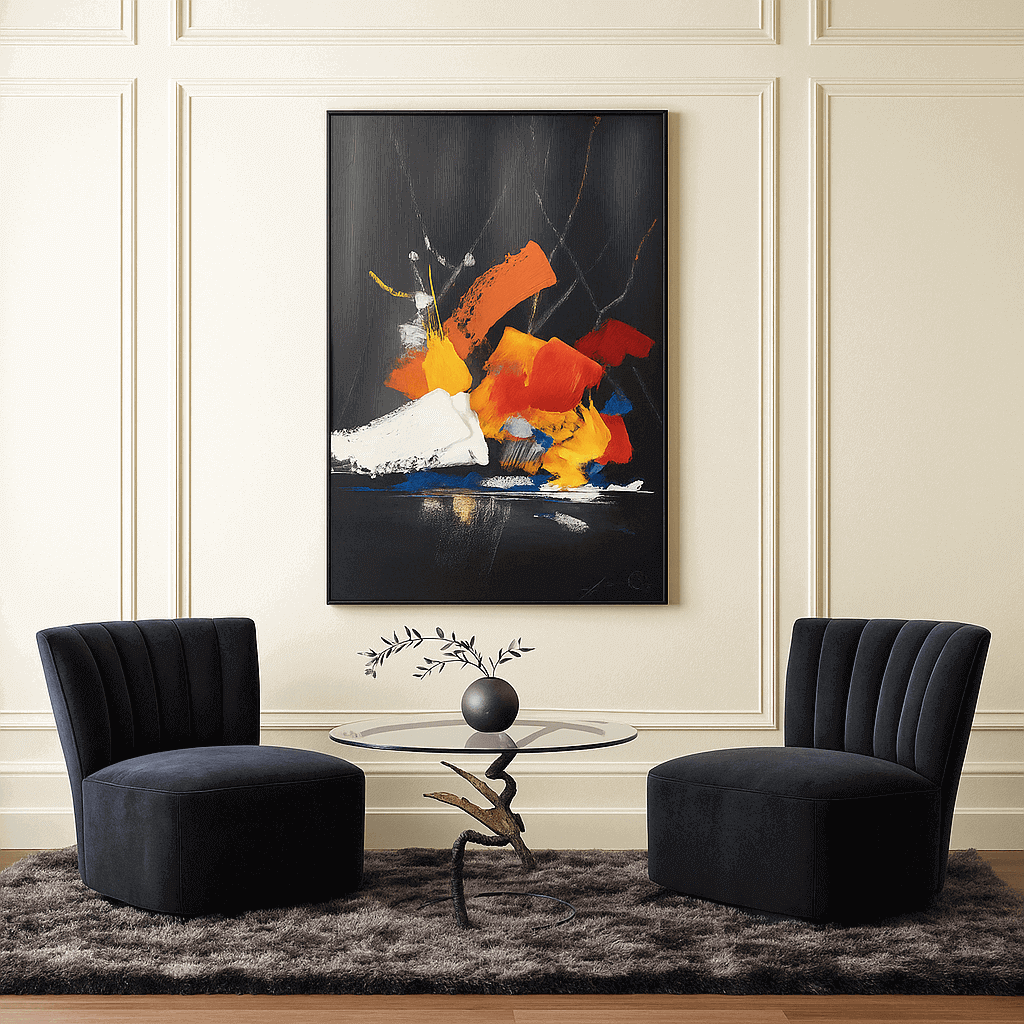 Stylish living room with navy velvet chairs, sculptural glass table, and vibrant abstract wall art