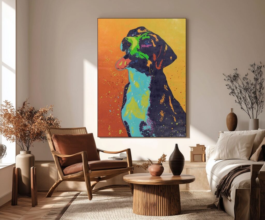 Modern living room with abstract dog painting, wooden furniture, and neutral decor