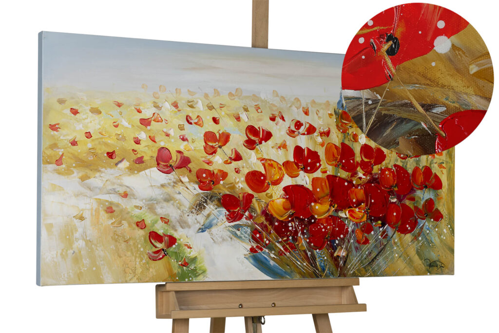 Close-up of a vibrant handmade painting titled "Flaming Blooms" featuring bright red and yellow floral elements.