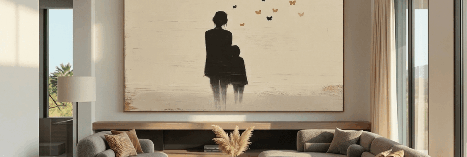 An interior design mockup showing a large horizontal painting of a mother and child silhouette as a Mother's Day gift idea.