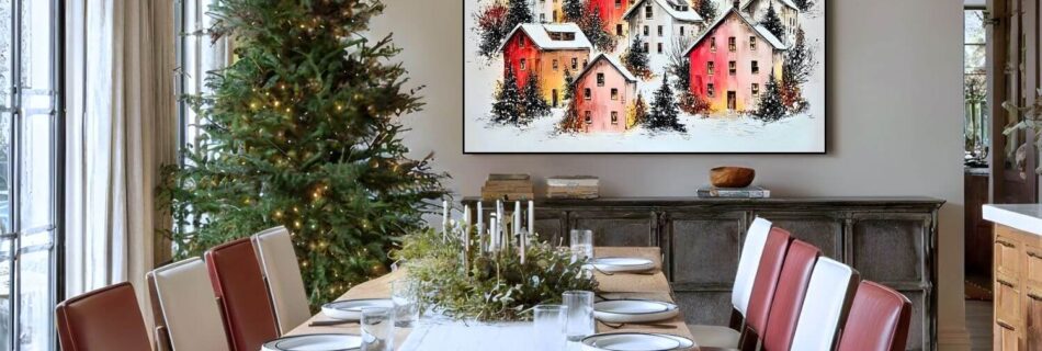 A painting of a snowy European town square hung in a dining room featuring a wooden table, red chairs, and a decorated Christmas tree.