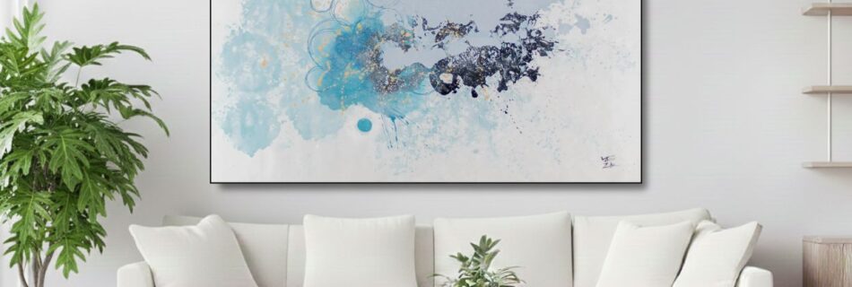 Abstract watercolor blue and purple painting above sofa