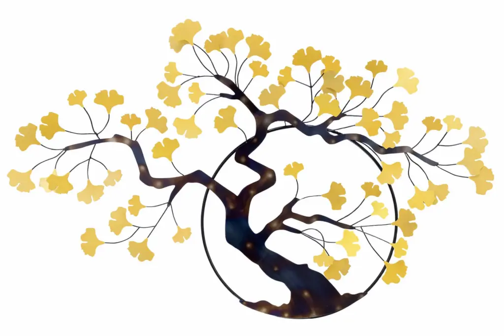 A stylized illustration of a ginkgo tree with golden leaves and a dark, curved trunk on a plain white background.