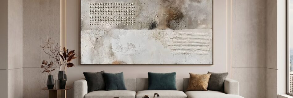 Modern living room with large textured abstract artwork above a cream sofa.