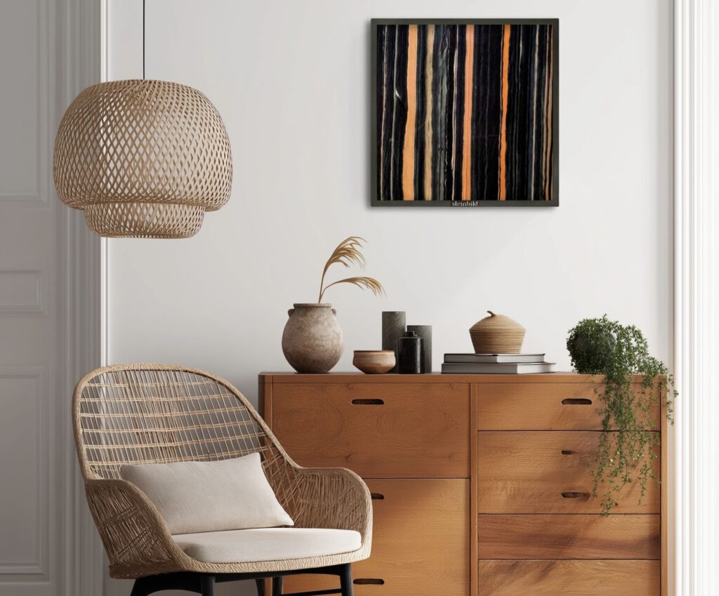 Cozy modern living room with wooden furniture and marble wall art