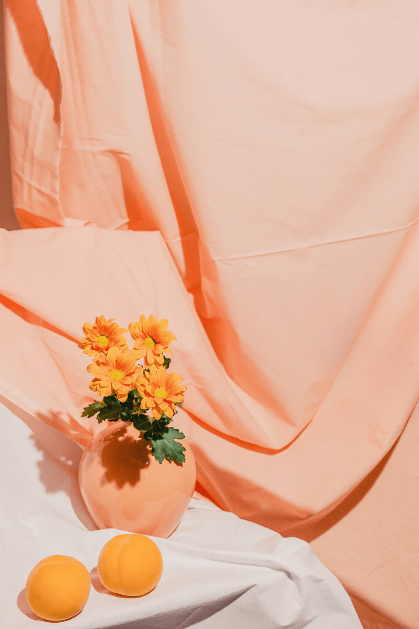 Peach Fuzz curtains with Orange and a peach vase with fowers