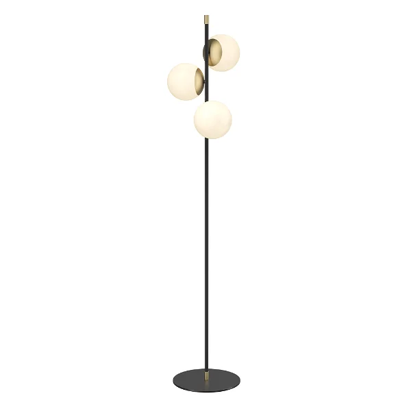 Retro-style floor lamp, opal spheres with brass details, chic lighting with white background