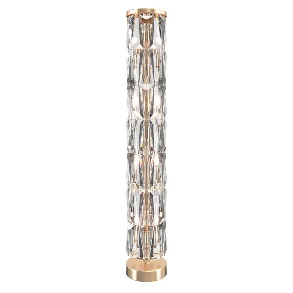 Elegant crystal tower floor lamp, golden accents, for luxurious interiors with a white background