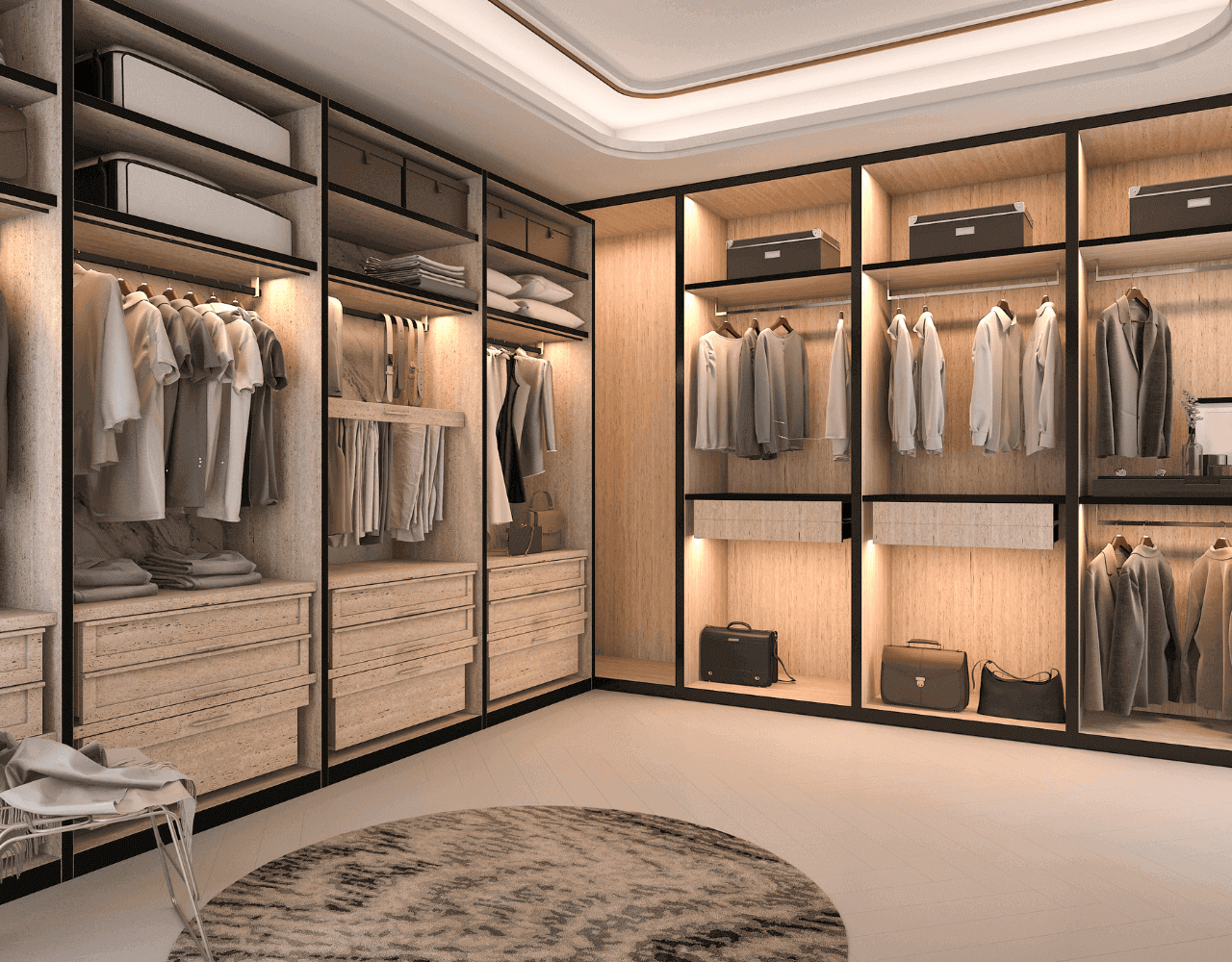 a walkin closet with customized cabinets